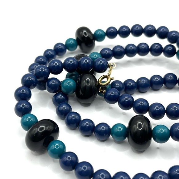 Trifari Beaded Necklace 30” Length Blue Black and Turquoise Blue Beaded Necklace - Picture 8 of 13